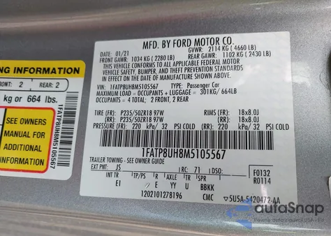 2021 Ford Mustang Ecoboost Premium из США, поврежденный, VIN 1FATP8UH8M5105567